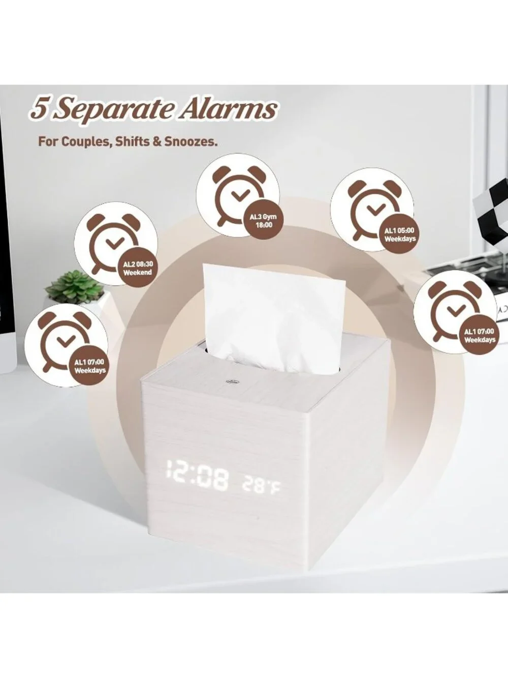 Home White Digital Cordless Alarm Temperature Display Wooden Tissue Box Clock